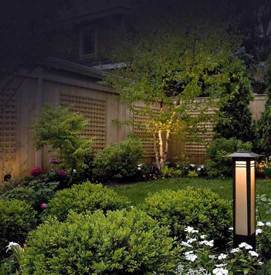 A pathlight and wall washes along a fence add evening ambience to a garden.