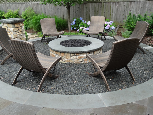 Masonry Gas-Fired Firepit Clad in Natural Stone, in Sunken Bluestone Chip Firepit Area Contained in Custom Bluestone Coping