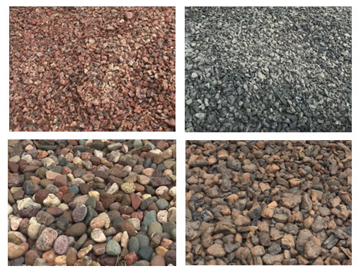 Clockwise from top left: Mojave Rotten Granite Chip Gravel, Micro Bluestone Chip Gravel, Bearpaw Expanded Shale Pebbles and Apache Wisconsin Pebbles.
