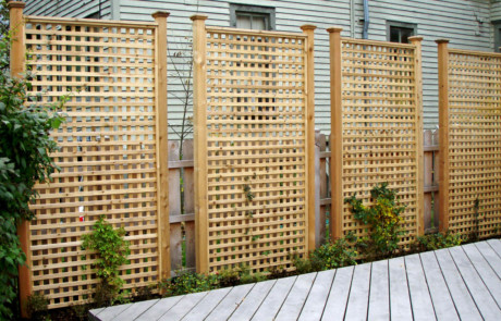 freestanding lattice screens, vines attached