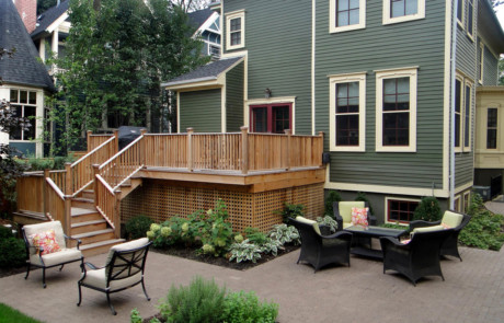 traditional outdoor deck, clay paver patio, permeable walk