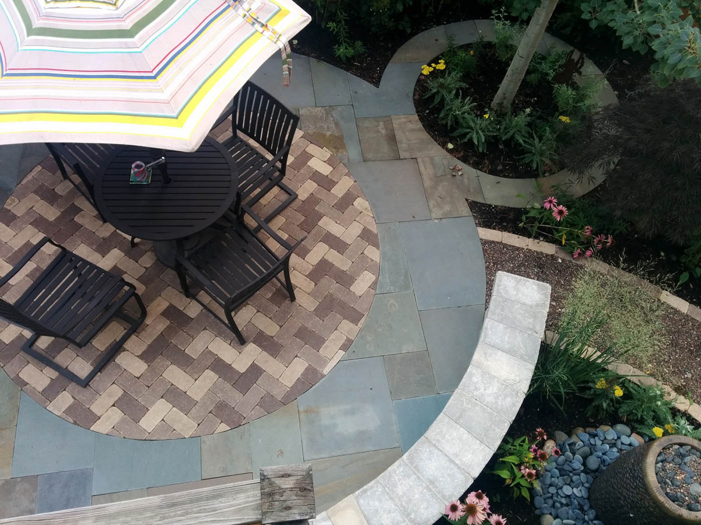 circular patio, ring, seat wall- Nature's Perspective Landscaping