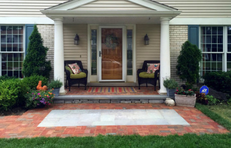 Clay paver walk with bluestone accent and step