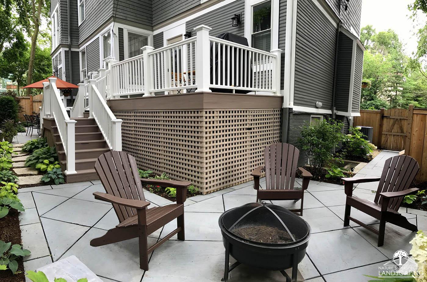 narrow-backyard-branching-stairsfountain-spray-clay-paver-driveway-Nature's Perspective Landscaping