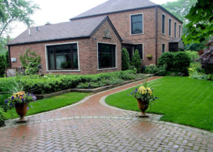 round clay paver patio and walk, private garden- Nature's Perspective Landscaping