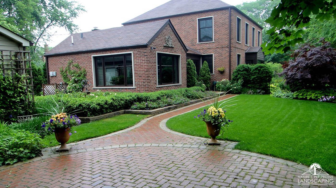 round clay paver patio and walk, private garden- Nature's Perspective Landscaping