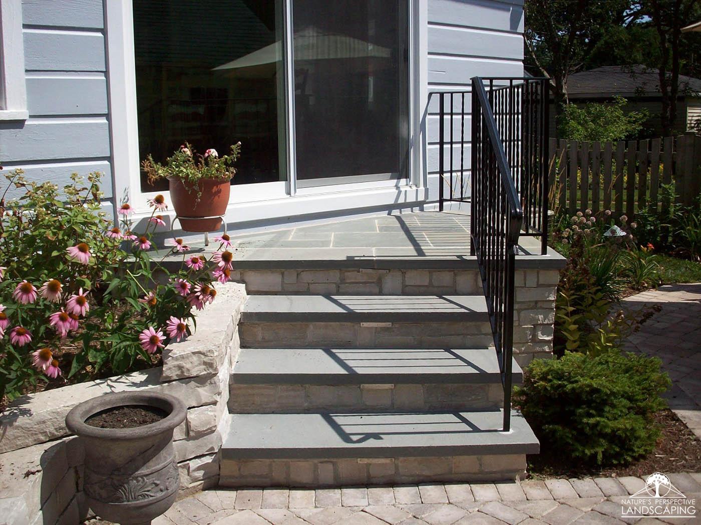 angled mortared limestone stoop in small-yard -Nature's Perspective Landscaping