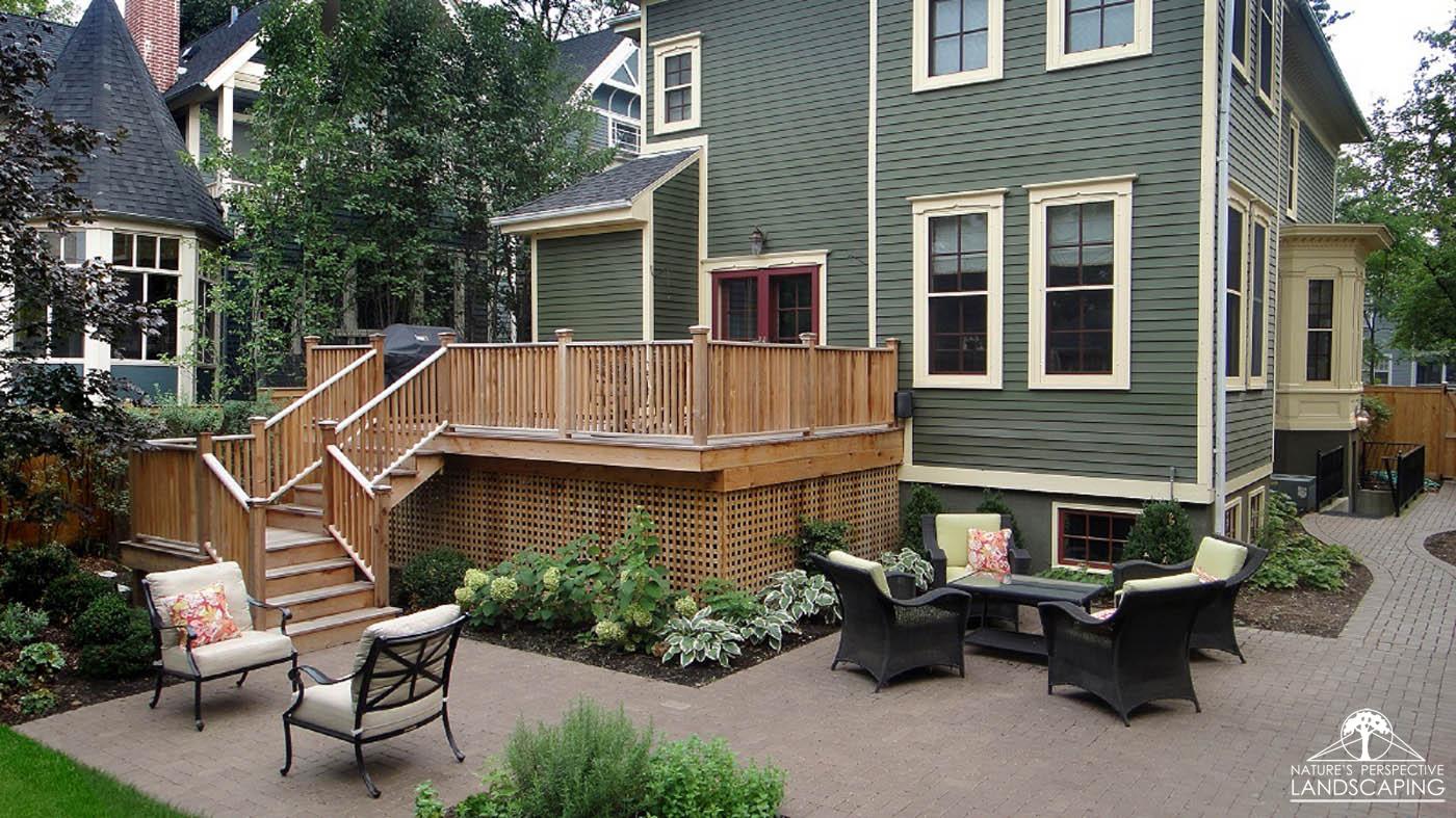 high deck with clay paver patio- Nature's Perspective Landscaping