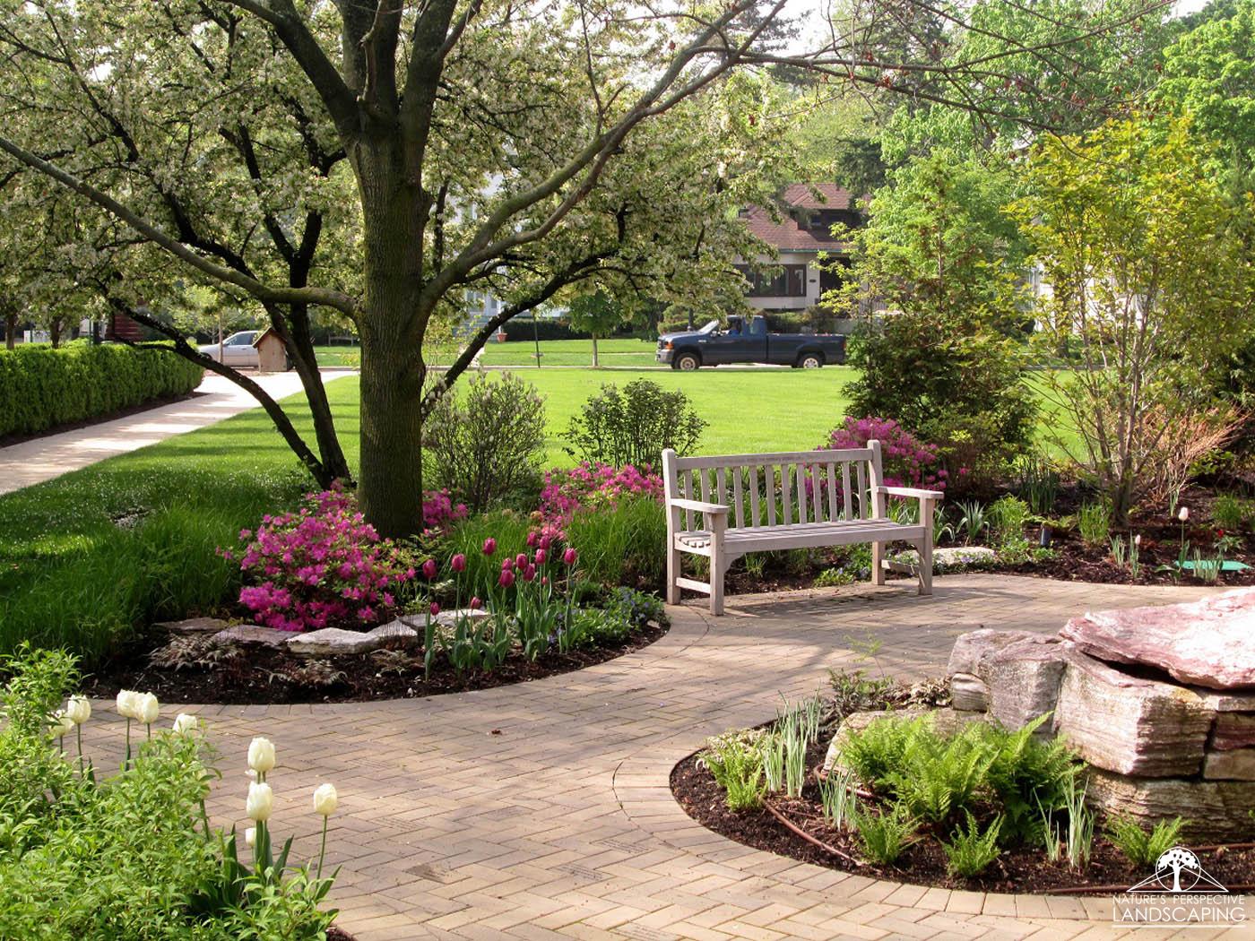 spring tulips, azaleas and bench - Nature's Perspective Landscaping