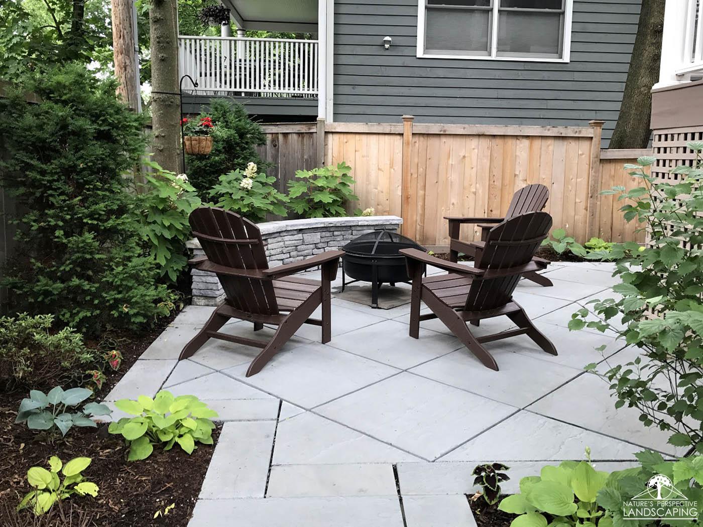 fire-pit-seatwall-Adirondacksfountain-spray-clay-paver-driveway-Nature's Perspective Landscaping