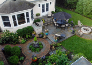 bluestone and clay paver outdoor living area, plantings
