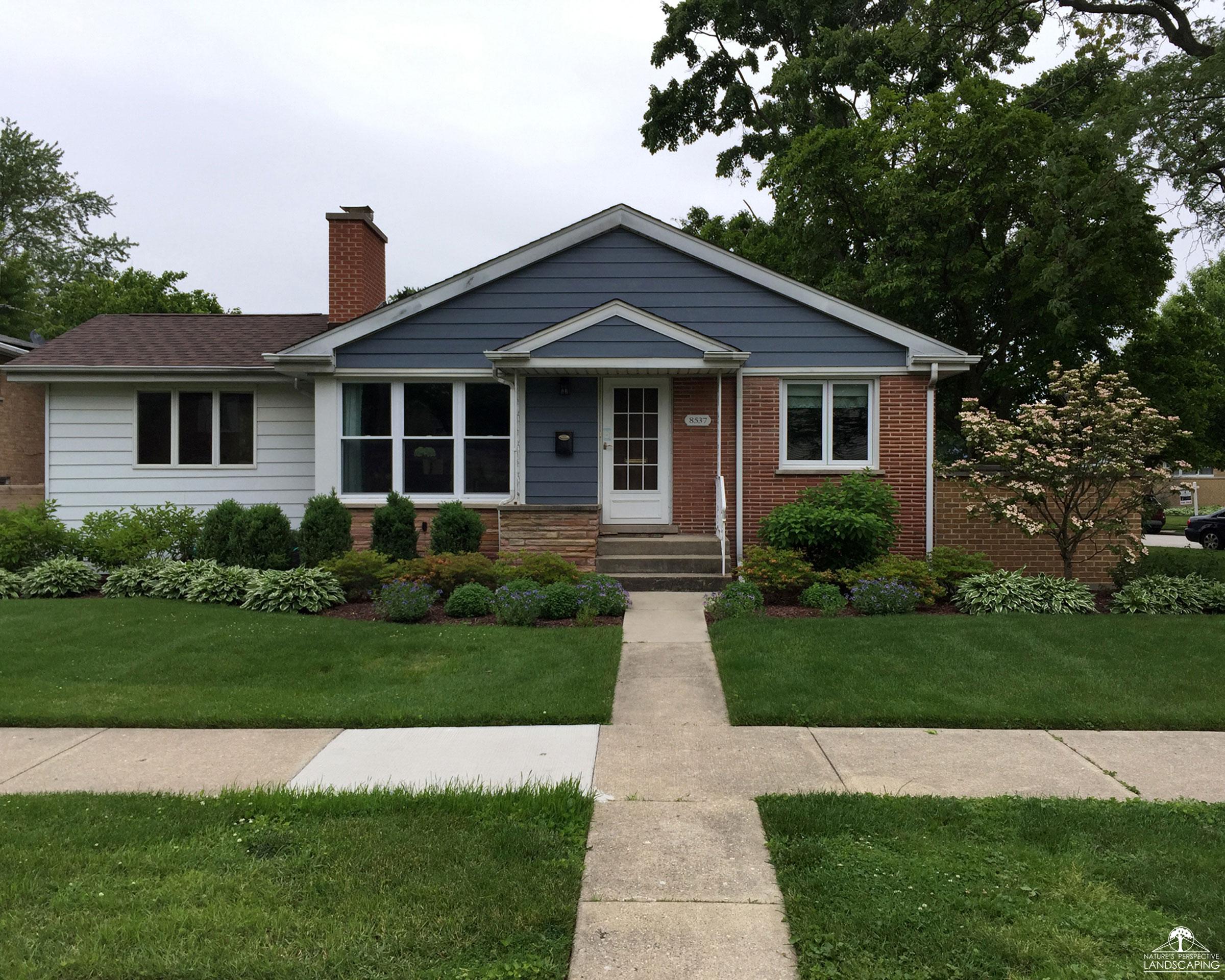 beautiful front foundation landscape of starter home