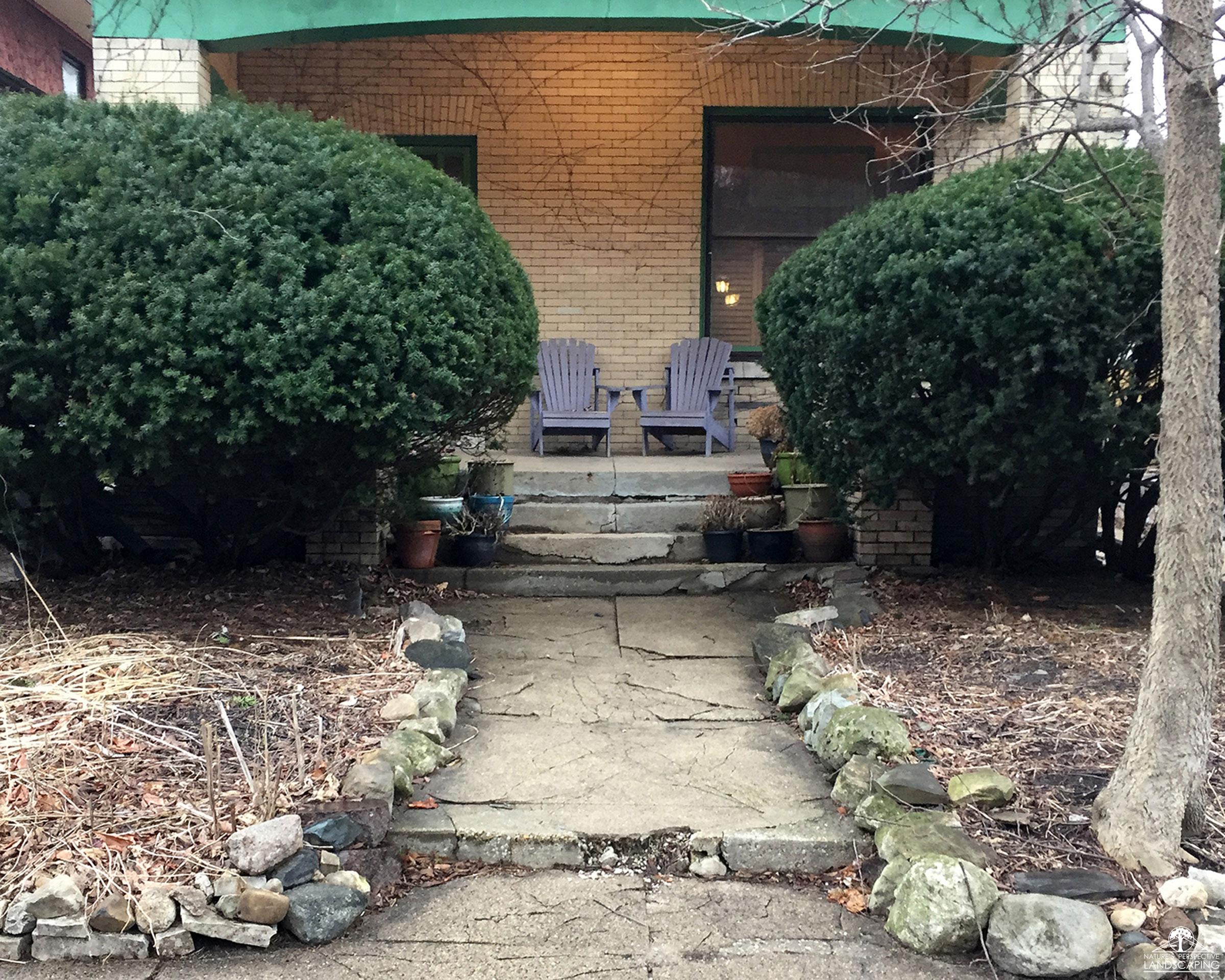 before photo of front entrance with broken and crumbling concrete
