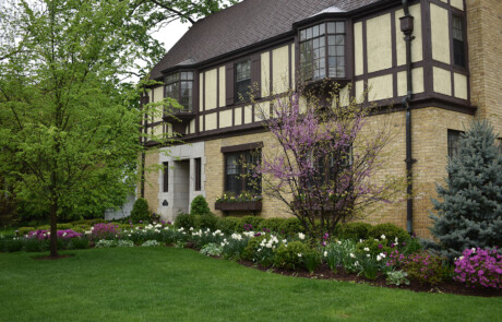Front yard in full bloom for spring with lots of spring flowering bulbs.