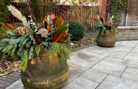 Two winter containers on patio